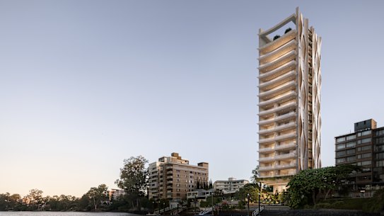 The rippled texture was inspired by “the movement of water from the Brisbane River,” according to a development application lodged with Brisbane City Council.