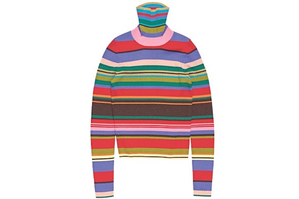 Seasonal stripes on a fitted wool turtleneck.