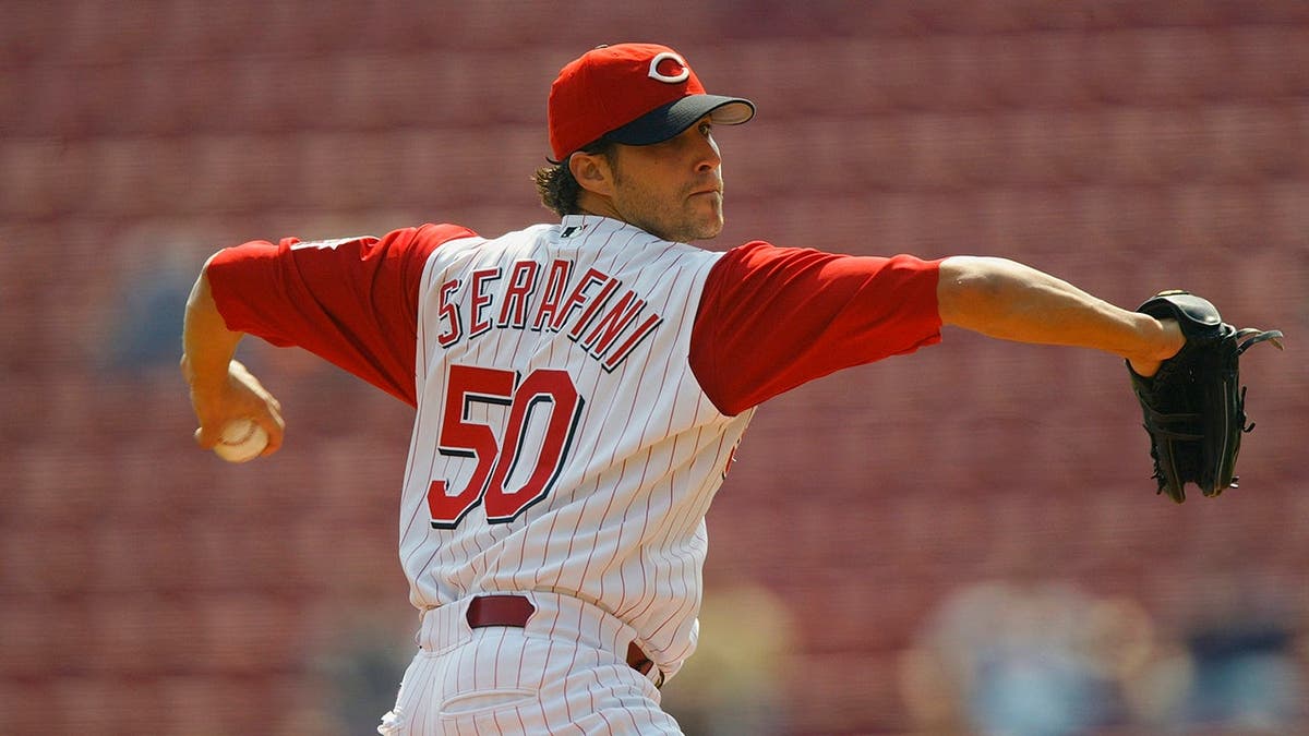 Dan Serafini pitching for the Cincinnati Reds at Great American Ball Park.
