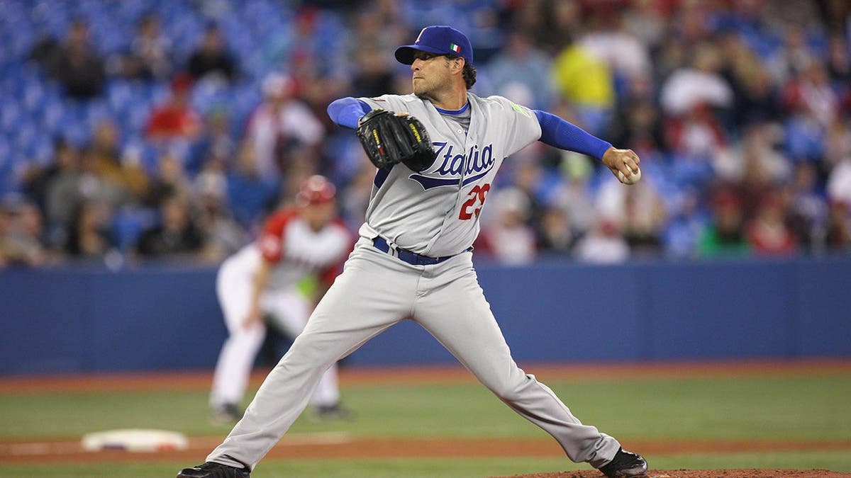Dan Serafini pitching during World Baseball Classic game at Rogers Centre Toronto