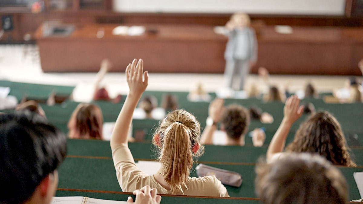 A girl raises her hand in a classroom.