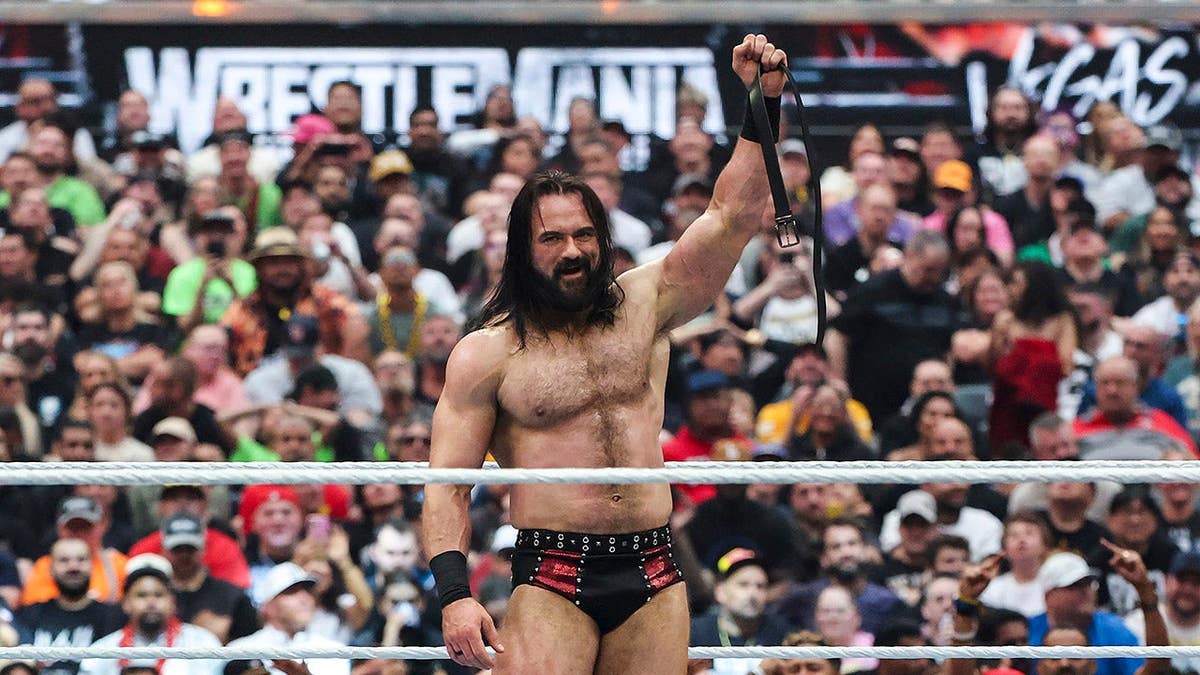 Drew McIntyre reacting during a wrestling match at Allegiant Stadium in Las Vegas