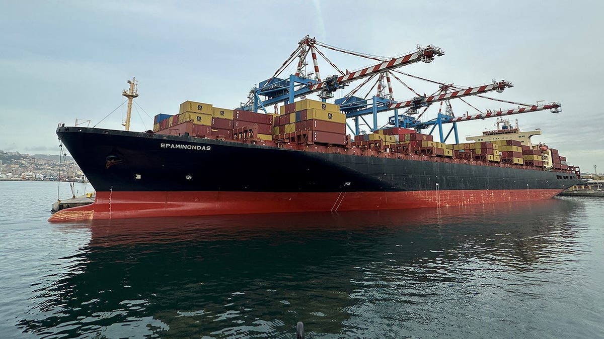 The Epaminondas container ship sailing in Naples harbor