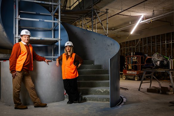 Sydney Jewish Museum chief exeuctive Kevin Sumption and senior curator Shannon Biederman pictured where the Bondi Memorial and National Centre Against Antisemitism is under development.