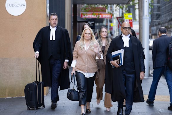 Rebel Wilson and her legal team, barristers Tim Senior, left, and Dauid Subtain, SC, right.