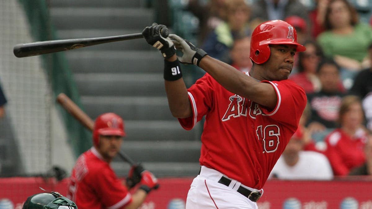 Los Angeles Angels outfielder Garret Anderson swinging a bat at Angel Stadium in Anaheim