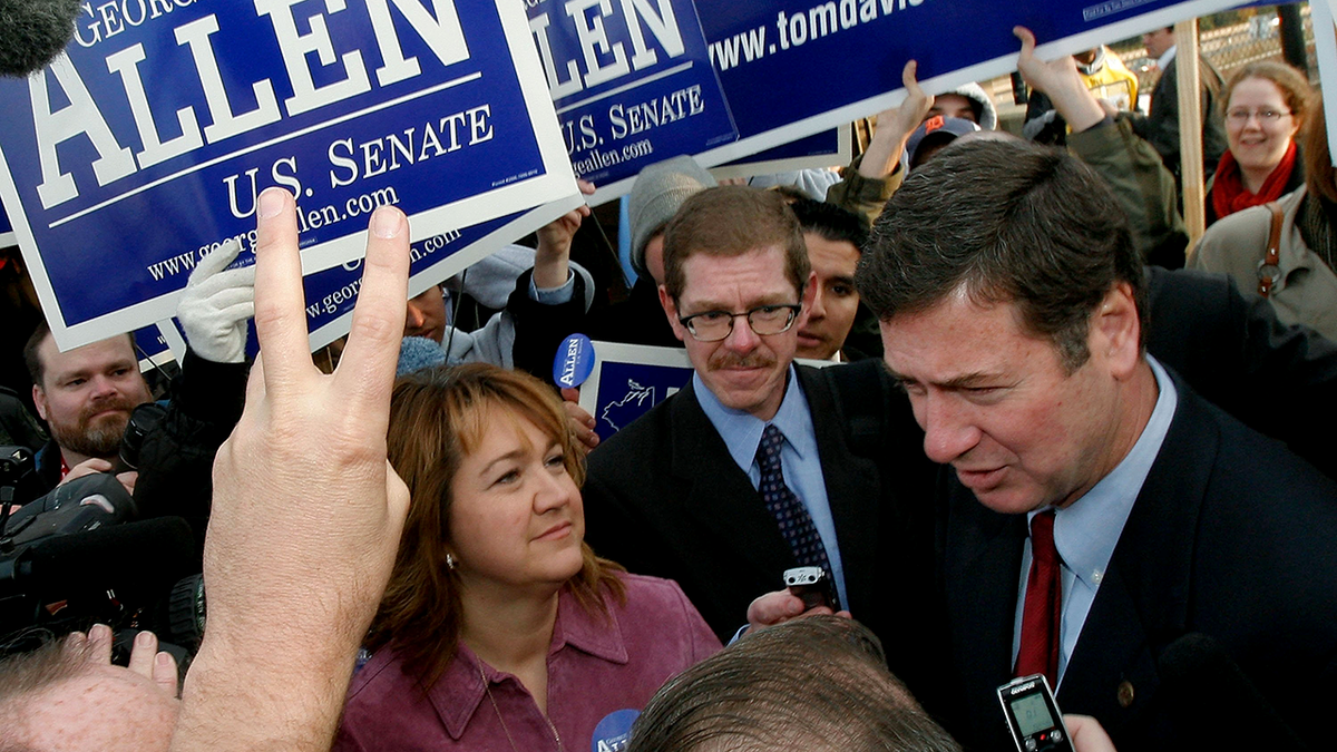 Sen. George Allen campaigning at Vienna-Fairfax-GMU metro stop in Virginia