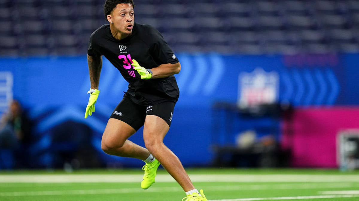 Avieon Terrell #DB31 of Clemson participates in a drill during the 2026 NFL Scouting Combine  at Lucas Oil Stadium on February 27, 2026 in Indianapolis, Indiana. (Photo by Cooper Neill/Getty Images)