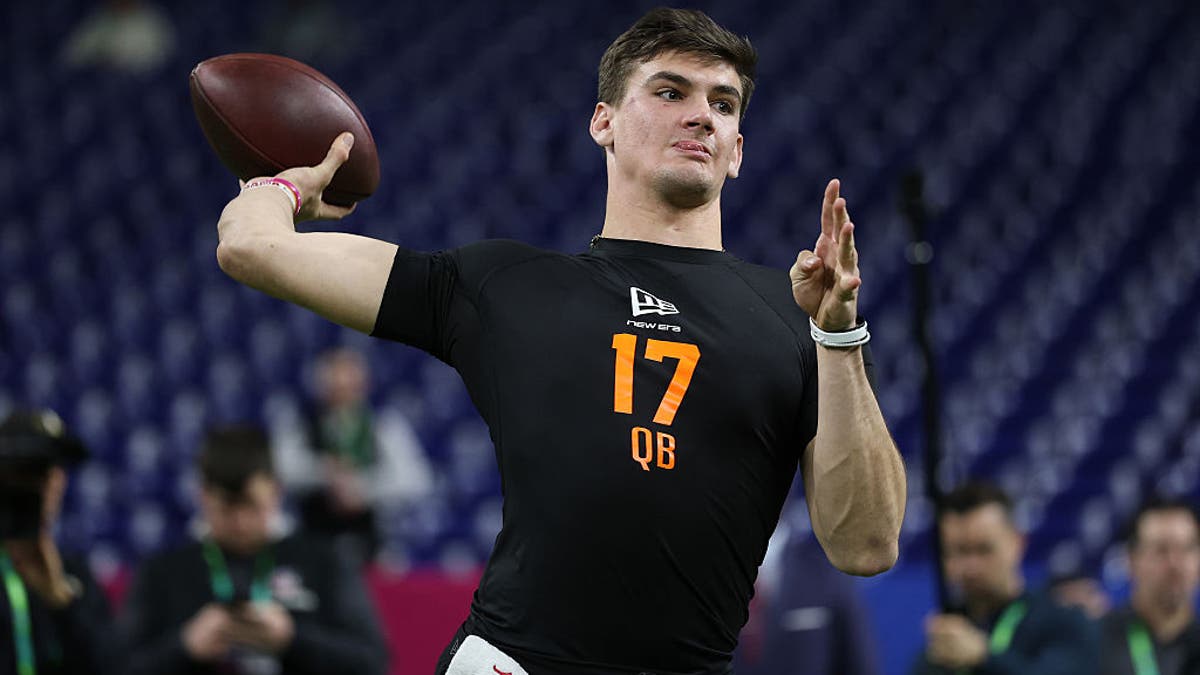 Ty Simpson of Alabama participates in a drill during the 2026 NFL Scouting Combine at Lucas Oil Stadium on February 28, 2026, in Indianapolis, Indiana. (Photo by Stacy Revere/Getty Images)
