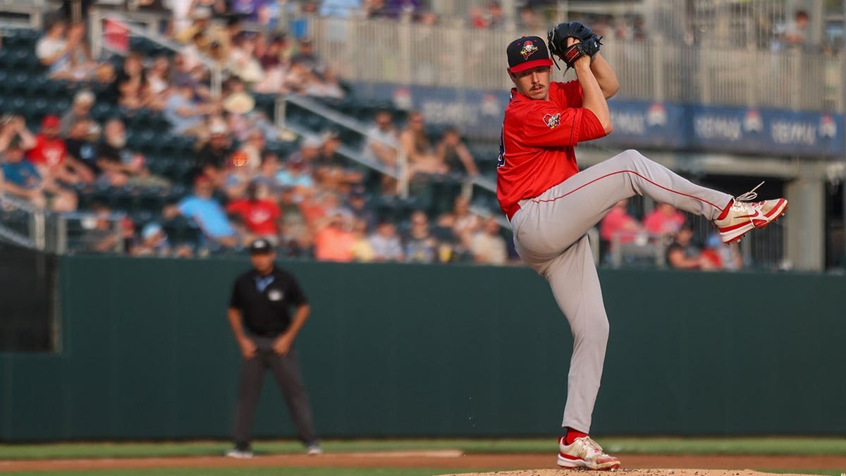 Hayden Mullins pitching for the Portland Sea Dogs at FNB Field in Harrisburg