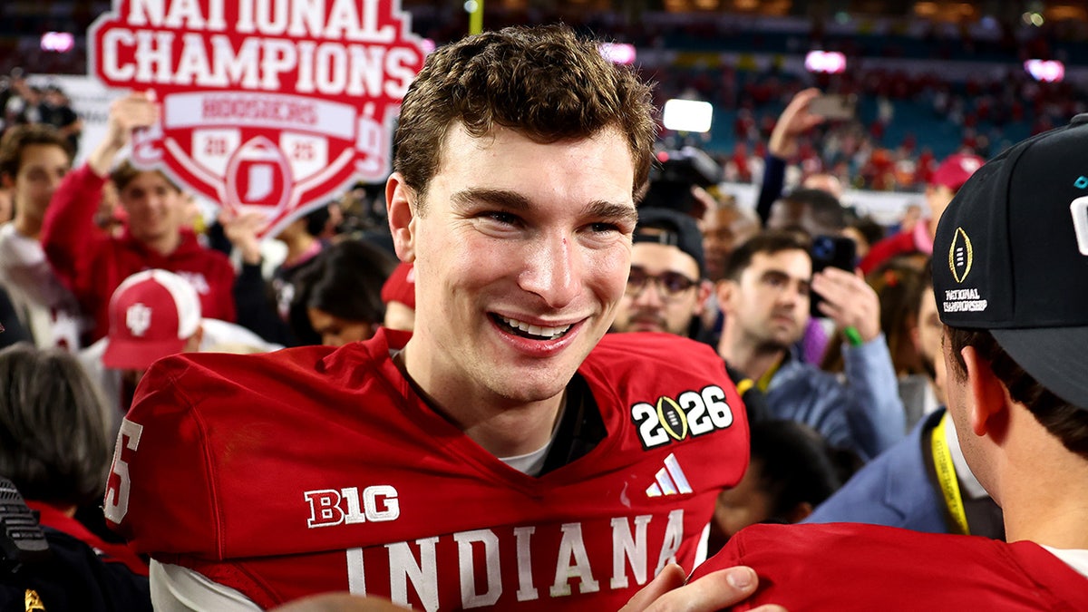 Fernando Mendoza celebrating after Indiana Hoosiers win against Miami Hurricanes at Hard Rock Stadium
