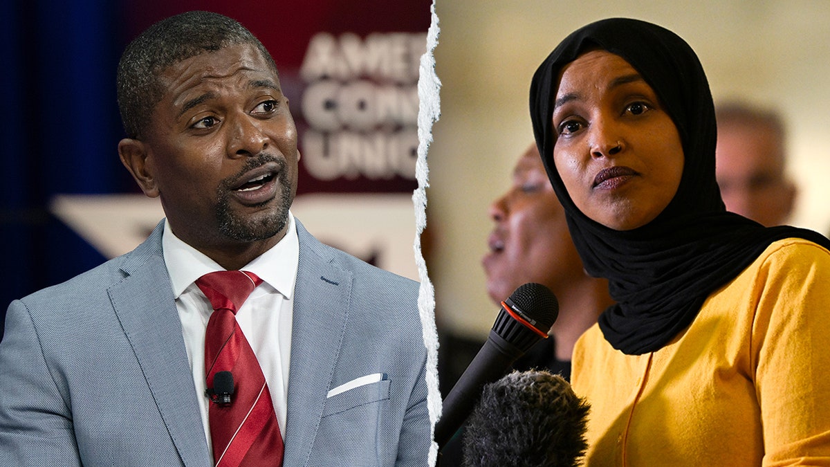 Jack Brewer speaking at CPAC panel and Rep. Ilhan Omar speaking at Minneapolis press conference