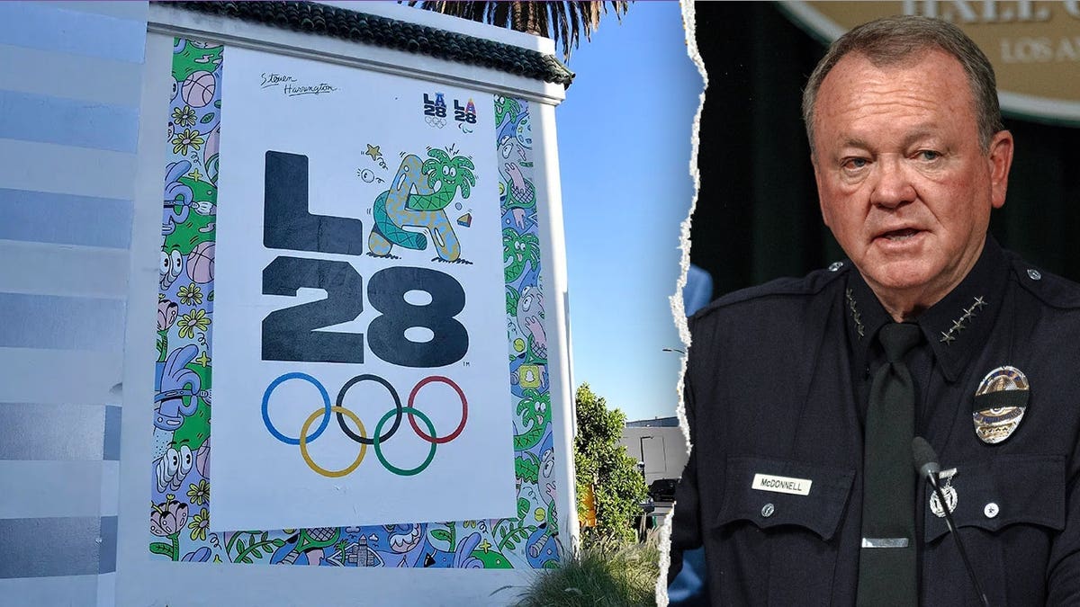 split image of Los Angeles Police Chief Jim McDonnell and LA28 Olympic mural