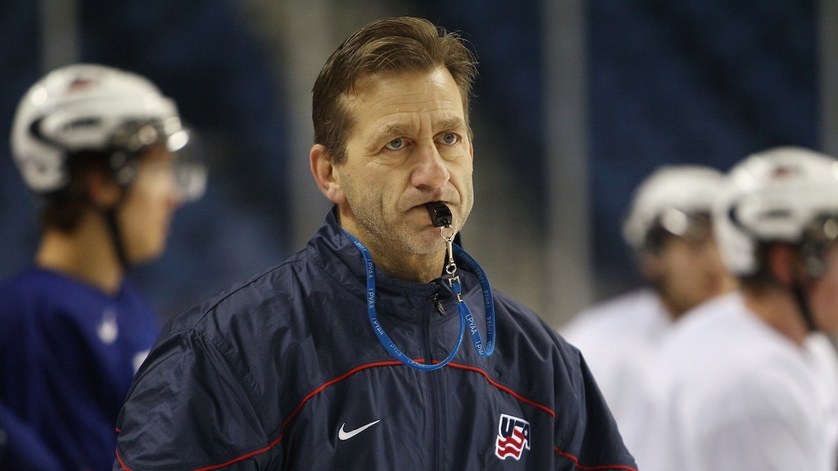 Head coach Keith Allain of USA standing on ice during practice at HSBC Arena in Buffalo, New York