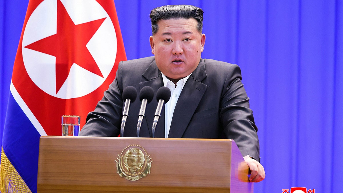 North Korean leader Kim Jong Un delivering a speech at an inauguration event