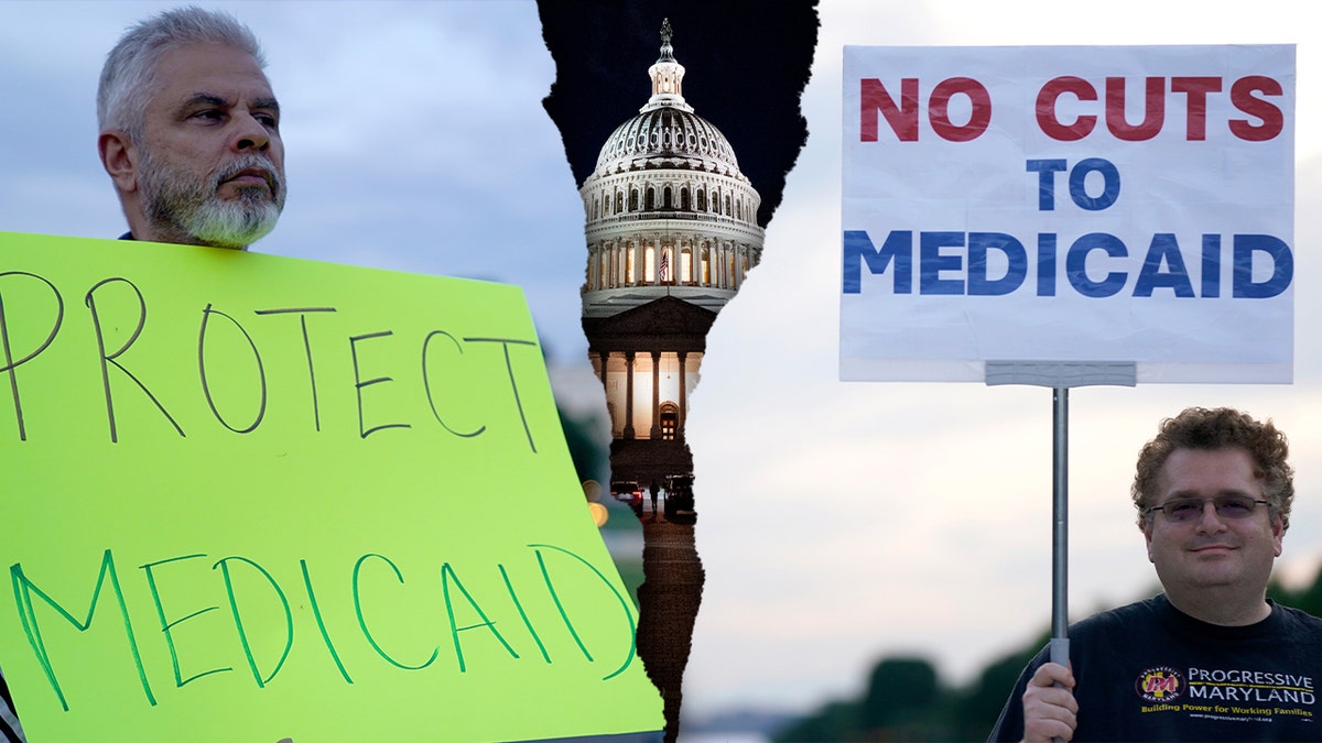 Medicaid protesters holding signs next to an image of the U.S. Capitol building