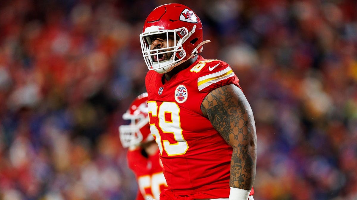 Defensive tackle Mike Pennel Jr. celebrating on the field at Arrowhead Stadium