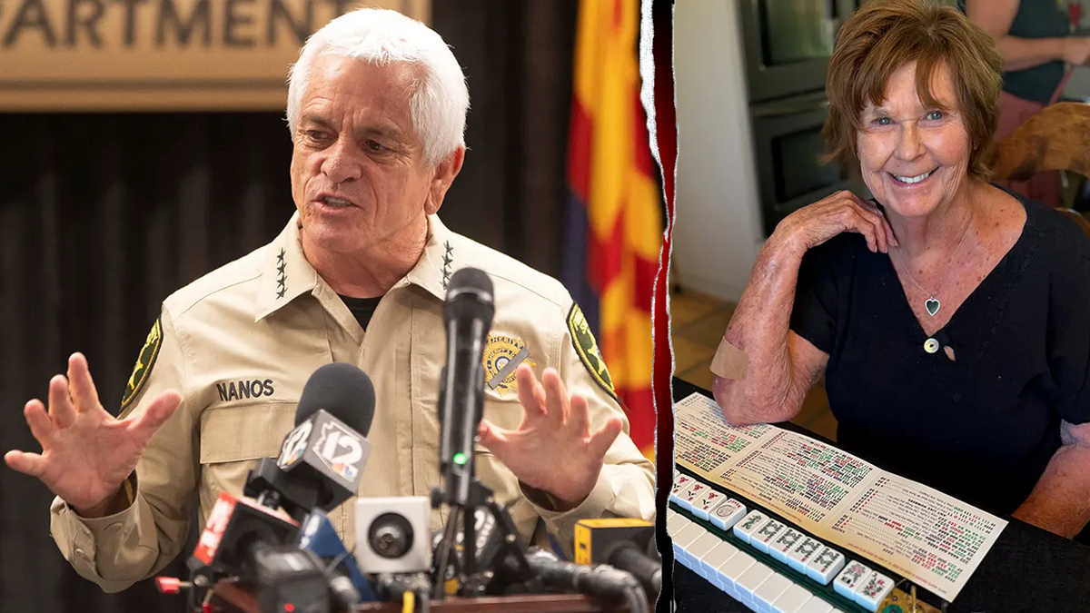 A split image shows Pima County Sheriff Chris Nanos speaking to reporters and missing Nancy Guthrie sitting with some mahjong tiles