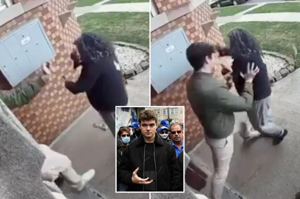 Vile video shows white supremacist Nick Fuentes pepper spraying, shoving Jewish woman outside his home