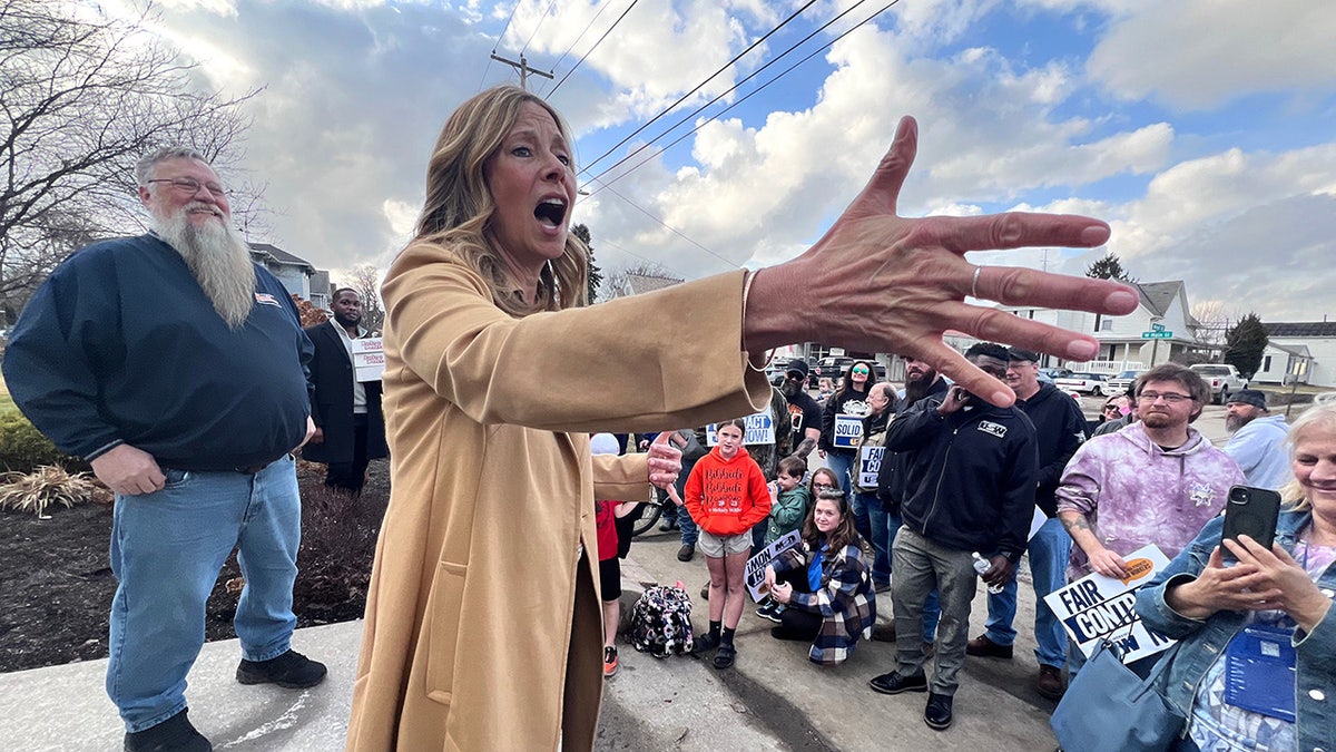 Amy Acton standing with striking United Steelworkers Local 3057 members outside ArcelorMittal steel plant