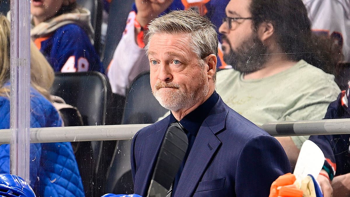 Head coach Patrick Roy of the New York Islanders looking on during a game at UBS Arena
