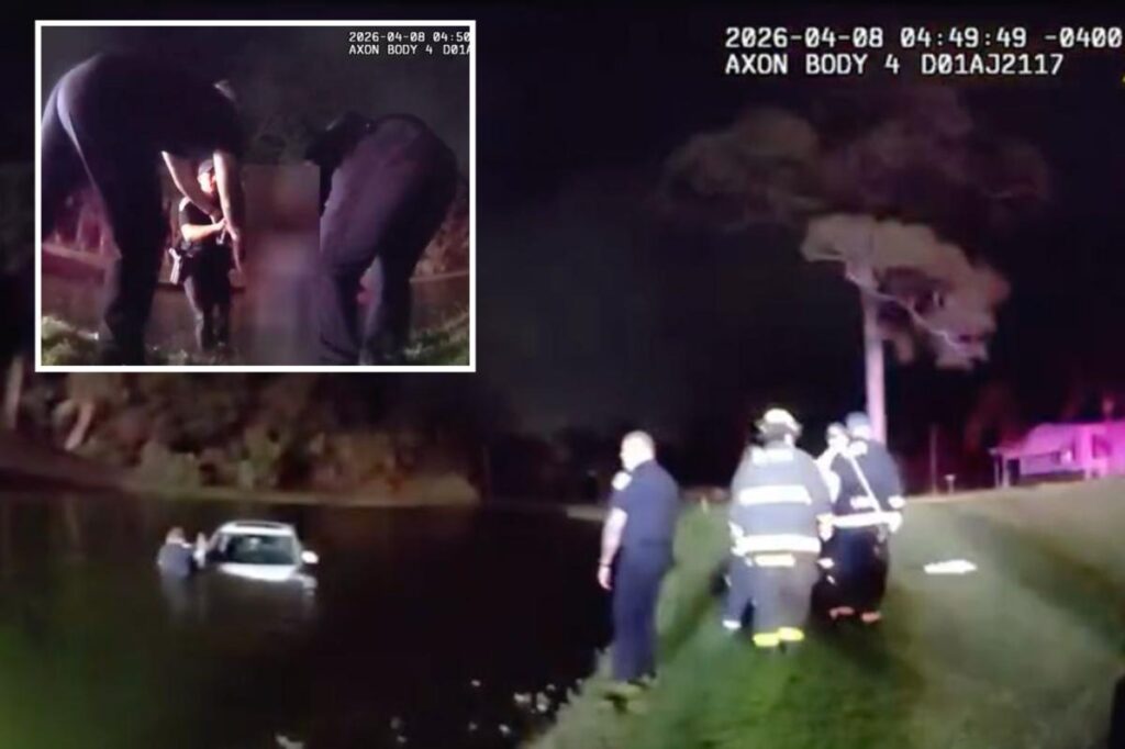 Florida police rescue elderly couple after car slides into pond following heavy downpours
