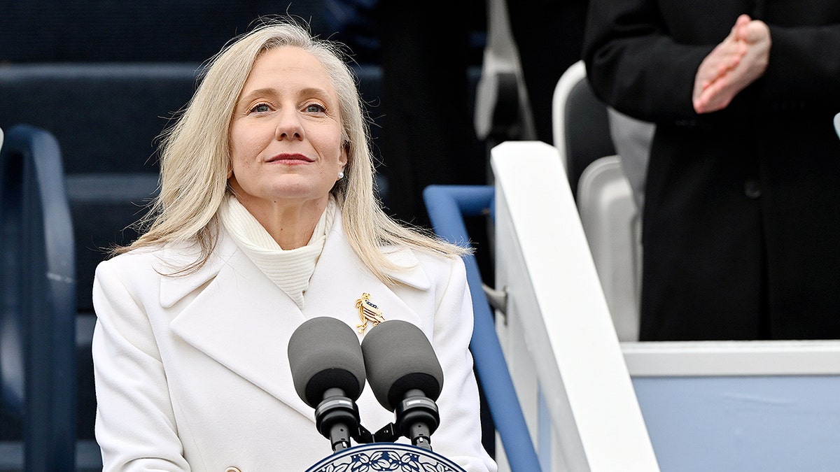 Virginia Gov. Abigail Spanberger speaking at a podium in Richmond