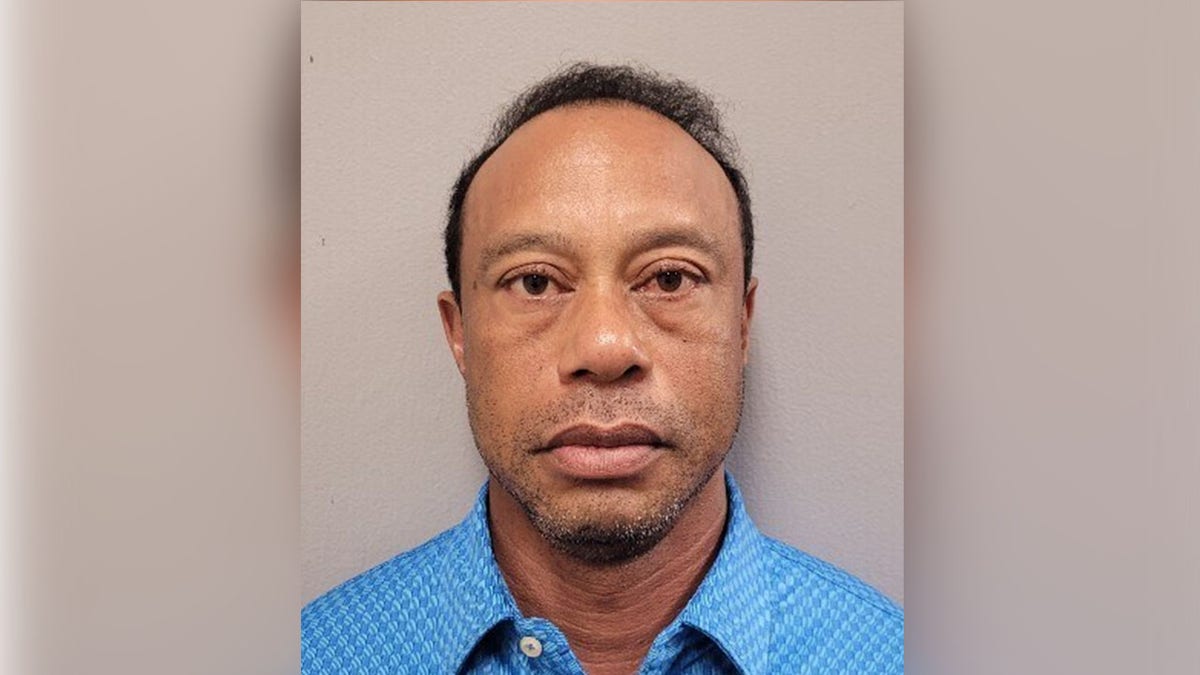 Tiger Woods facing forward in a mugshot photo
