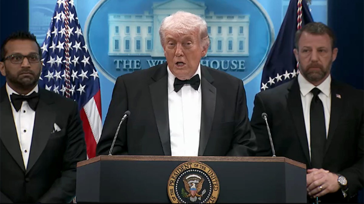 President Trump in the White House briefing room with Kash Patel and Markwayne Mullin
