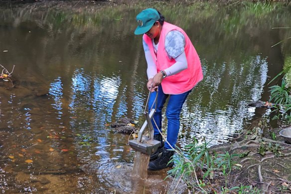 Heshani Mudalige uses a van veen grab sampler to test the sediment.