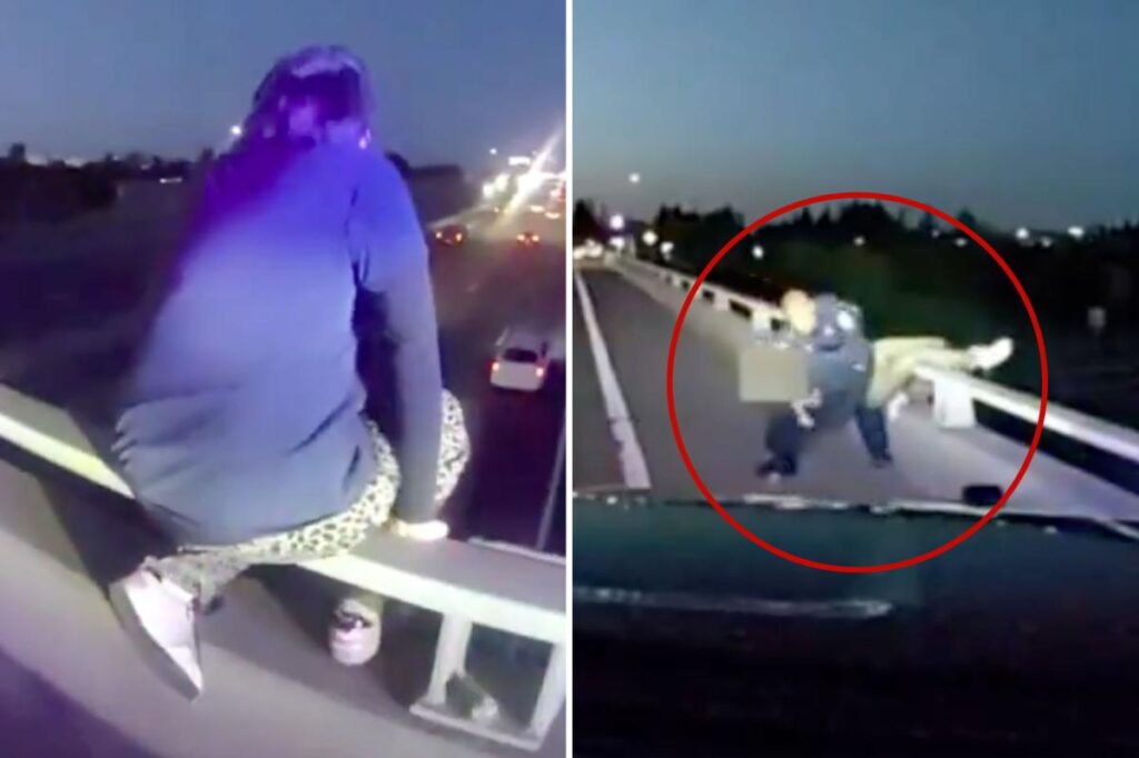 Heart-stopping moment cops rescue sobbing kid dangling dangerously from freeway overpass
