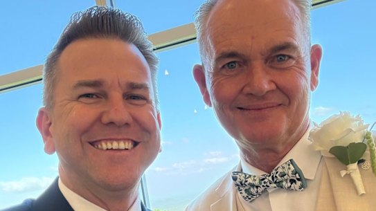 Queensland Deputy Premier Jarrod Bleijie and Public Sector Commissioner David Mackie at the latter’s wedding in April, in which Bleijie acted as a celebrant in a “private capacity”.