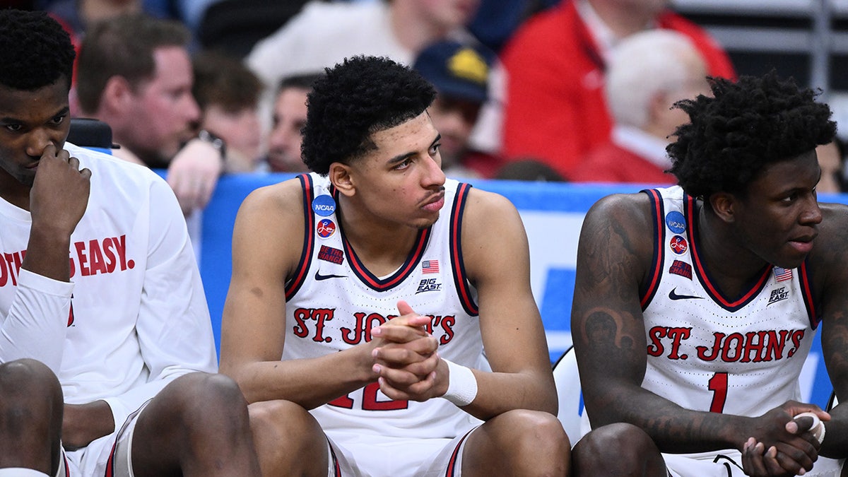 St. John's guard RJ Luis Jr. sitting on bench during NCAA Tournament game