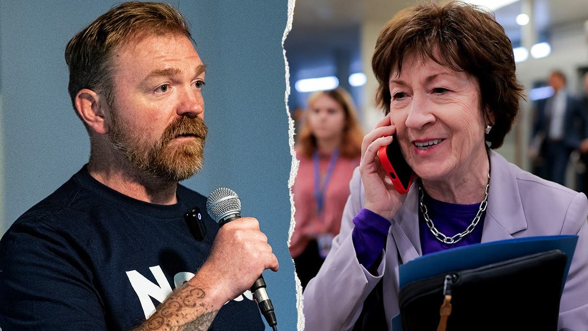 Graham Platner, left, pictured alongside Sen. Susan Collins, R-Maine, right.
