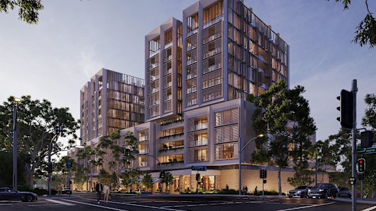 FJC Studio says the proposed complex includes a sandstone base to reflect the native bushland.