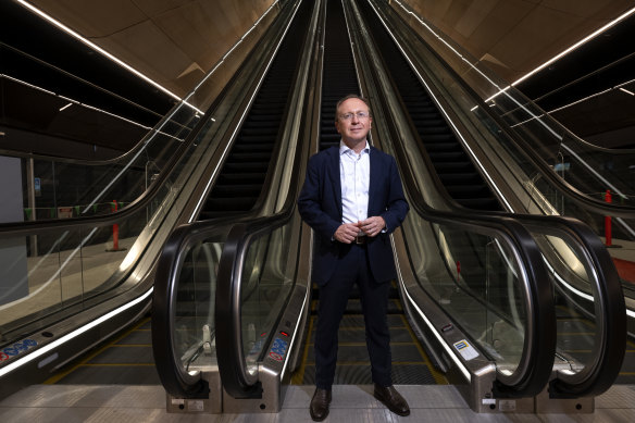 Sydney Metro chief executive Peter Regan on the underground platforms at Central Station in April 2024, four months before the city section of the M1 line opened.