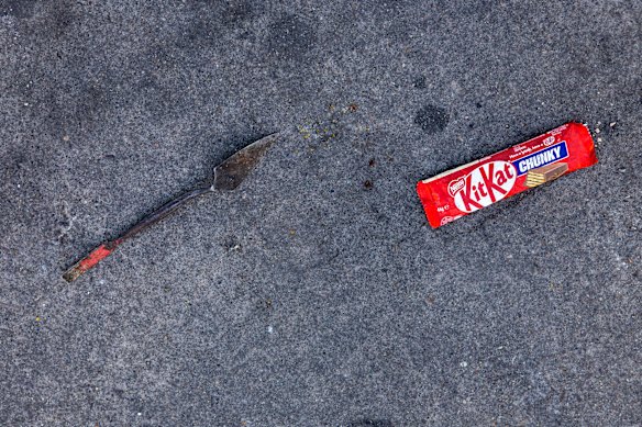 What appears to be a spearhead, left, is seen with food that was taken from the Shell Service Station the night of the riot.