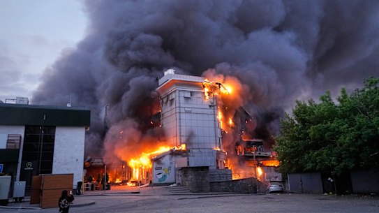 A building burns after a Russian strike on Kyiv at the weekend.