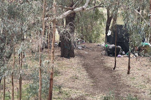 Tents by the Murrumbidgee River in Wagga Wagga on Monday.