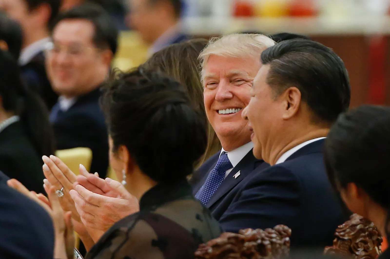 U.S. President Donald Trump and Chinese President Xi Jinping attend at a state dinner at the Great Hall of the People in Beijing on November 9, 2017. (Thomas Peter/Pool Photo via AP)
