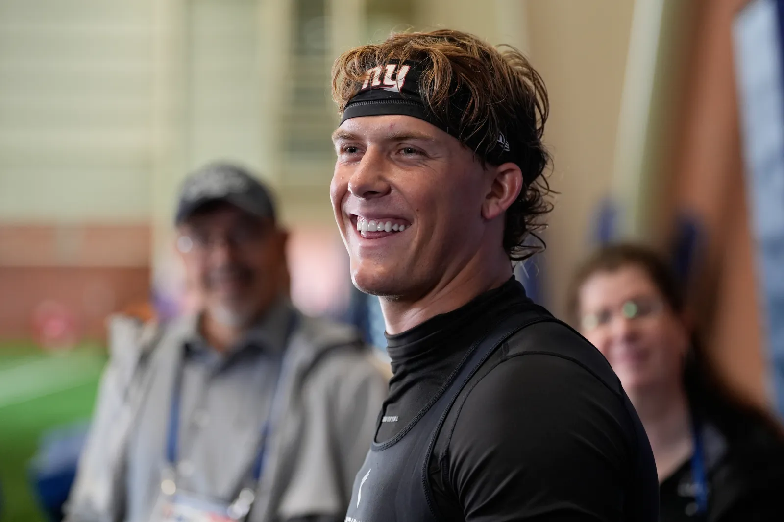 New York Giants quarterback Jaxson Dart speaks to reporters after NFL football practice in East Rutherford, New Jersey, on May 21. (AP Photo/Seth Wenig)