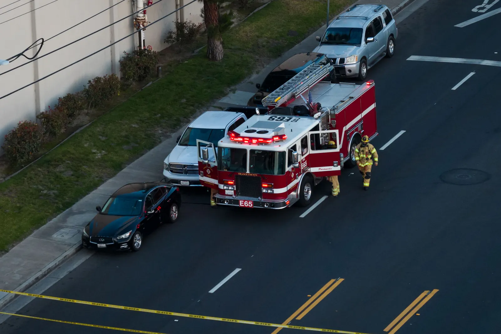 Firefighters work at the scene of a chemical tank that overheated at an aerospace plant in Garden Grove, California, on May 22. (AP Photo/Ethan Swope)