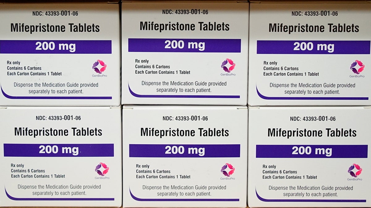 Boxes of mifepristone on a shelf at West Alabama Women's Center in Tuscaloosa