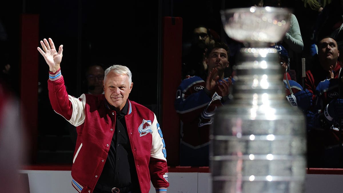 Claude Lemieux acknowledges the crowd during a Colorado Avalanche game