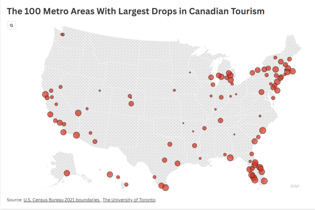 Map Shows US Cities Hit Hardest By Plunge in Canadian Tourists