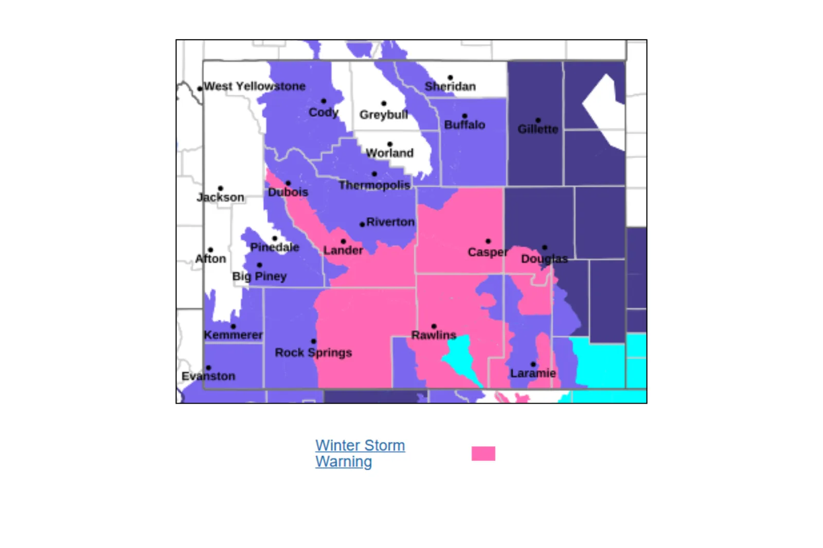 A map showing areas in Wyoming that could experience severe winter storm conditions through Monday, May 18, 2026.
