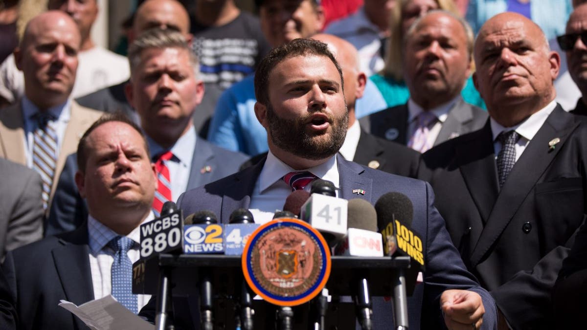 New York City council member Joe Borelli speaking outside City Hall in New York City
