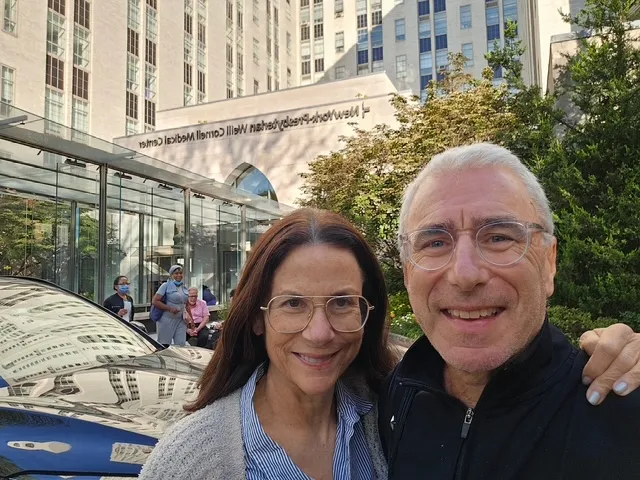 Rosenthal and her husband outside the hospital where she was treated.