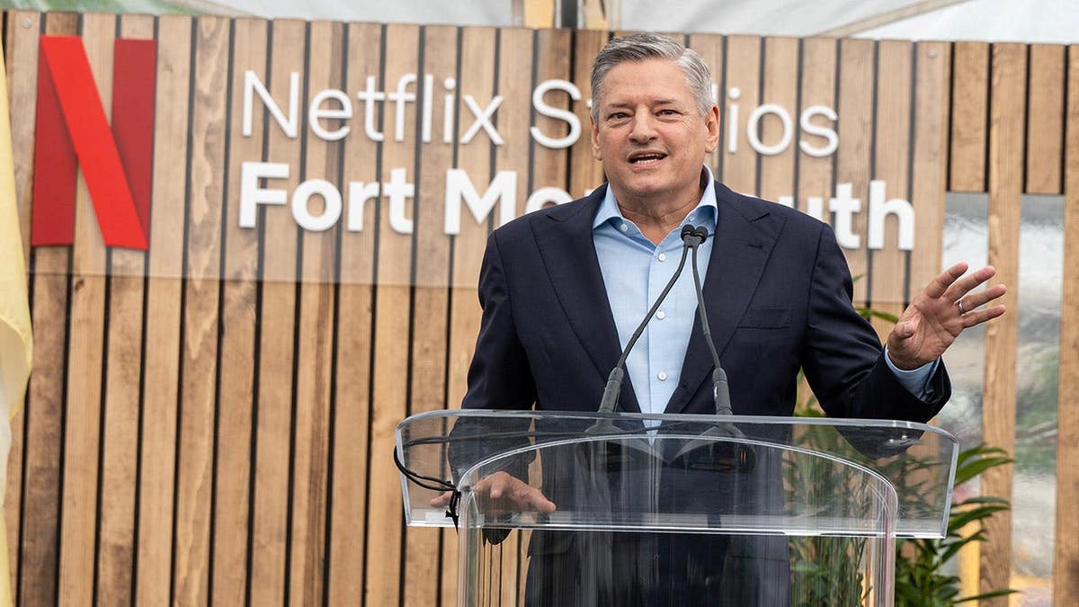 Ted Sarandos speaking at Netflix Studios Fort Monmouth groundbreaking in Eatontown, New Jersey