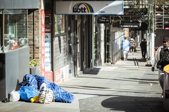 Homeless bedding in Fitzroy Street in St Kilda. 